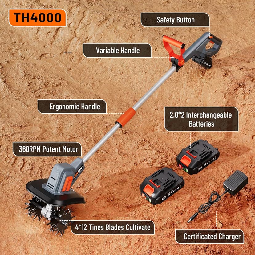Cordless Tiller for Gardening 360 RPM Rototiller TH4000 Cultivator TaskStar Electric Garden Tiller Battery Powered Total 4000mAh,48 Heavy-Duty Steel Tines for Smooth Ground Breaking,Tending,Composting
