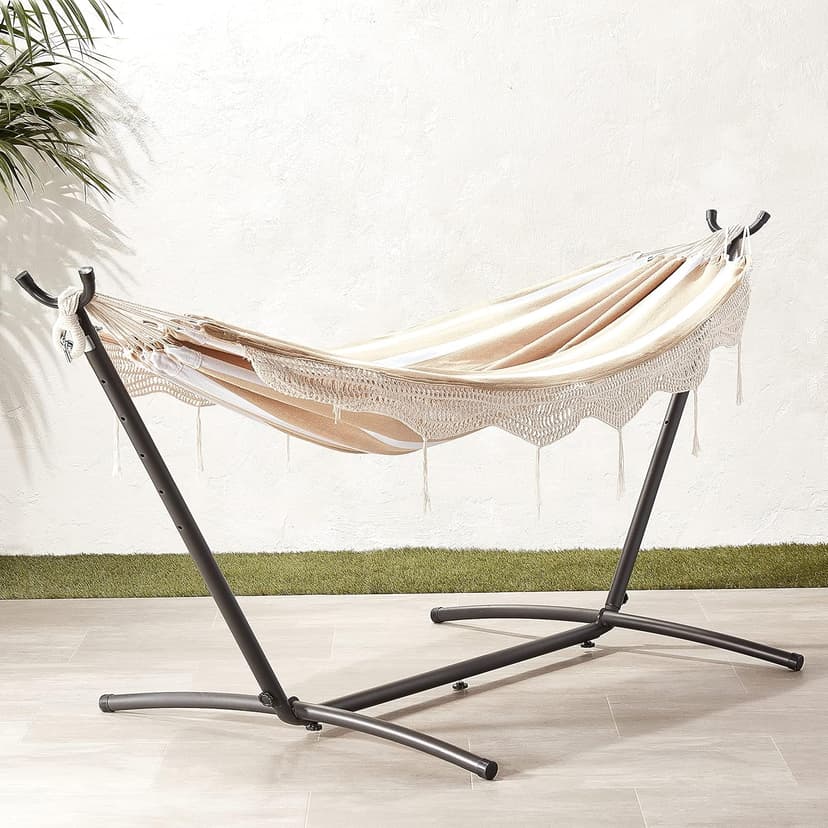 Amazon Basics Double Hammock with 9-Foot Space Saving Steel Stand and Carrying Case, 450 lb Capacity, Beige Stripe with Lace, 110 x 47 x 43 inches