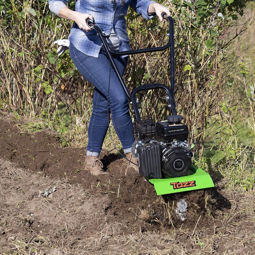 Tazz 35310 2-in-1 Front Tine Tiller/Cultivator, 79cc 4-Cycle Viper Engine, Gear Drive Transmission, Forged Steel Tines, Multiple Tilling Widths of 11”, 16” & 21”, Toolless Removable Side Shields,Green