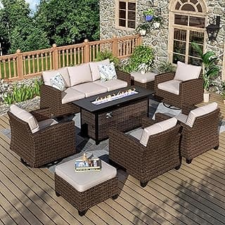 Swivel Glider Patio Furniture Set, 8 Pcs Wicker Outdoor Conversation Set, 2 x Swivel Chairs, 2 x Leg Chairs, 1 x 3 Seater Sofa and 2 x Ottomans and 56" Fire Pit Table, Beige