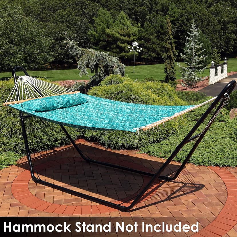 Sunnydaze Quilted Outdoor Hammock with Spreader Bars - Heavy-Duty 450-Pound Capacity Double Hammock for Outside - Cool Blue Tropics