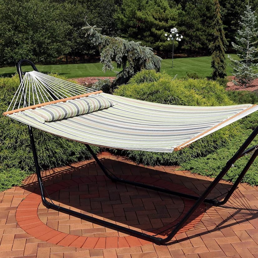 Sunnydaze Quilted Outdoor Hammock with Spreader Bars - Heavy-Duty 450-Pound Capacity Double Hammock for Outside - Khaki Stripe