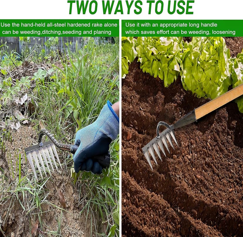 Garden Rake, Gardening Tools Heavy Duty Rake with 7 Metal Tines,Sharp Durable Garden Weeding Tools, All Steel Hardened Hoe Garden Hand Rake Tools for Backyard Lawn Loosening Planting Weeding (7 Tines)