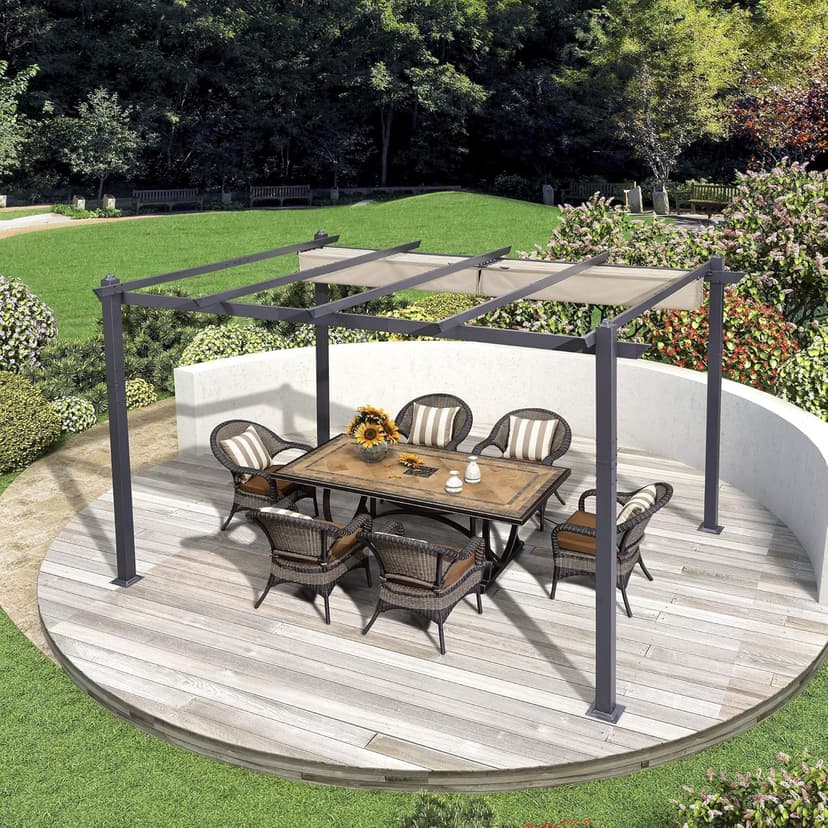 PURPLE LEAF 10' X 12' Outdoor Retractable Pergola with Sun Shade Canopy Patio Metal Shelter for Garden Porch Beach Pavilion Grill Gazebo Modern Yard Grape Trellis Pergola, Beige