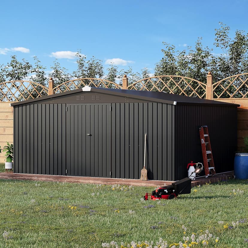 AECOJOY Shed 14' x 12' Storage Shed, Outdoor Metal Storage Sheds & Outdoor Storage 12x14 with Lockable Doors, Large Steel Yard Shed, Utility Tool Storage for Garden, Patio, Outside use in Dark Grey