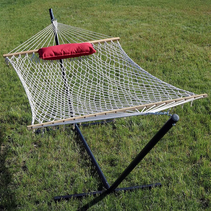 Sunnydaze Rope Hammock with Stand Combo - 275-Pound Capacity - Includes 12-Foot Hammock Stand, Spreader Bar, Pad, and Pillow - Modern Lines