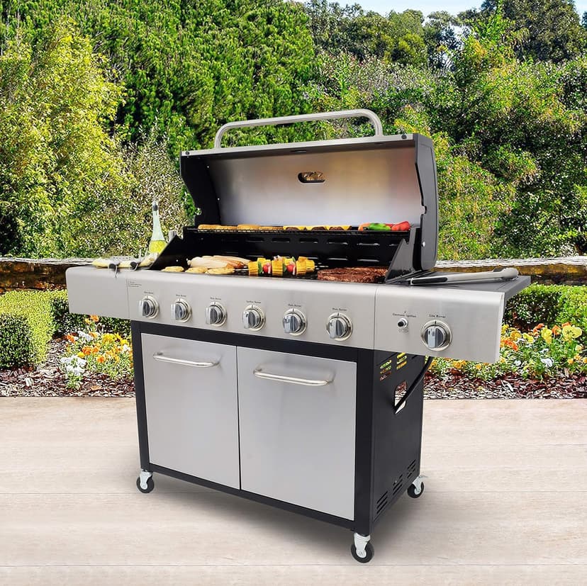 Kenmore 6-Burner Propane Gas BBQ Grill with Side Burner, 73,000 BTUs, Stainless Steel Cabinet Grill with Cast Iron Grates for Outdoor Cooking, Backyard BBQ, Patio, Large Parties