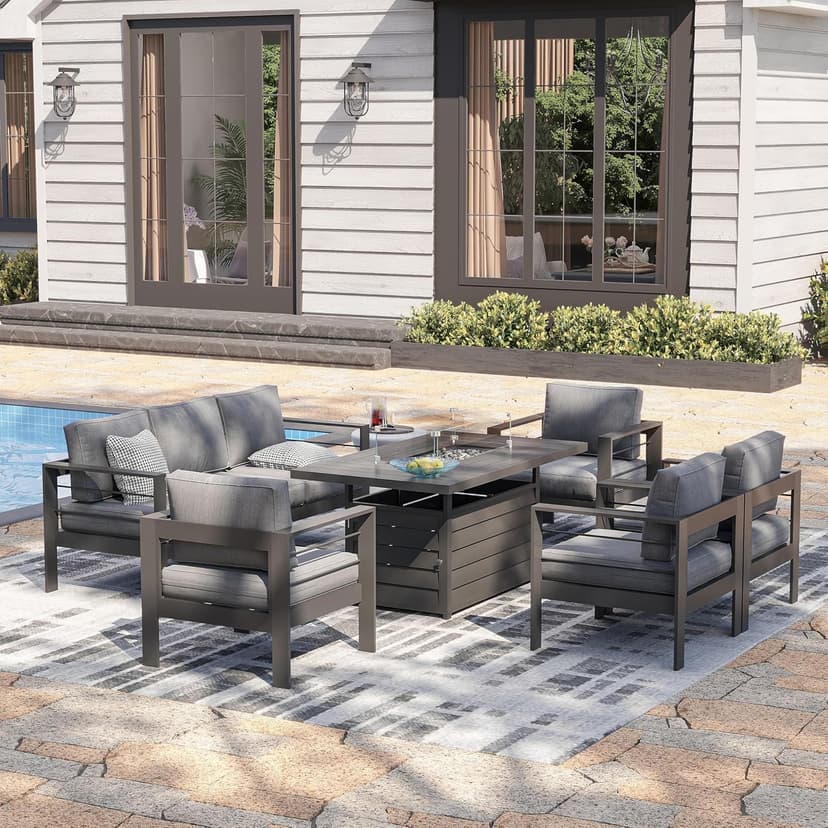 Solaste Aluminum Patio Furniture Set with Fire Pit Table, 7 Seats Metal Outdoor Furniture with Water-Resistant Cushions, Modern Patio Conversation Set for Balcony, Front Porch, and Backyard, Grey