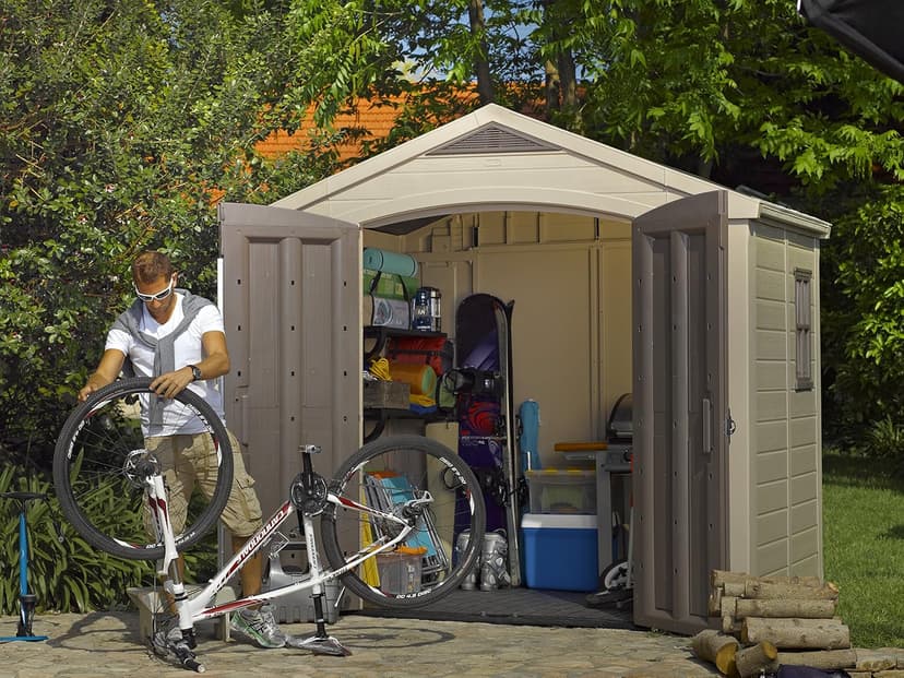 Keter Factor 8x6 Large Resin Outdoor Storage Shed for Patio Furniture, Lawn Mower, Garden Accessories Yard Tools, and Pool Toys, Taupe