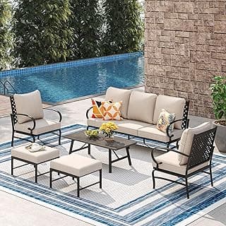 VICLLAX 6 Pieces Patio Furniture Set, Outdoor Furniture of 3-Seater Sofa, 2 Patio Single Sofa Chairs, Wood Like Tea Table and Ottomans for Backyard Deck and Garden(Beige)
