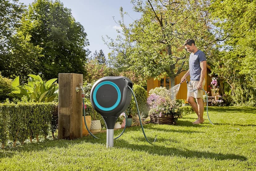 GARDENA (18614-80) 66' x 1/2" Automatic Retractable Garden Hose Reel on Metal Spike, 66' Outside Garden Hose Length, with 360° Rotation to Reach All Areas of Your Yard