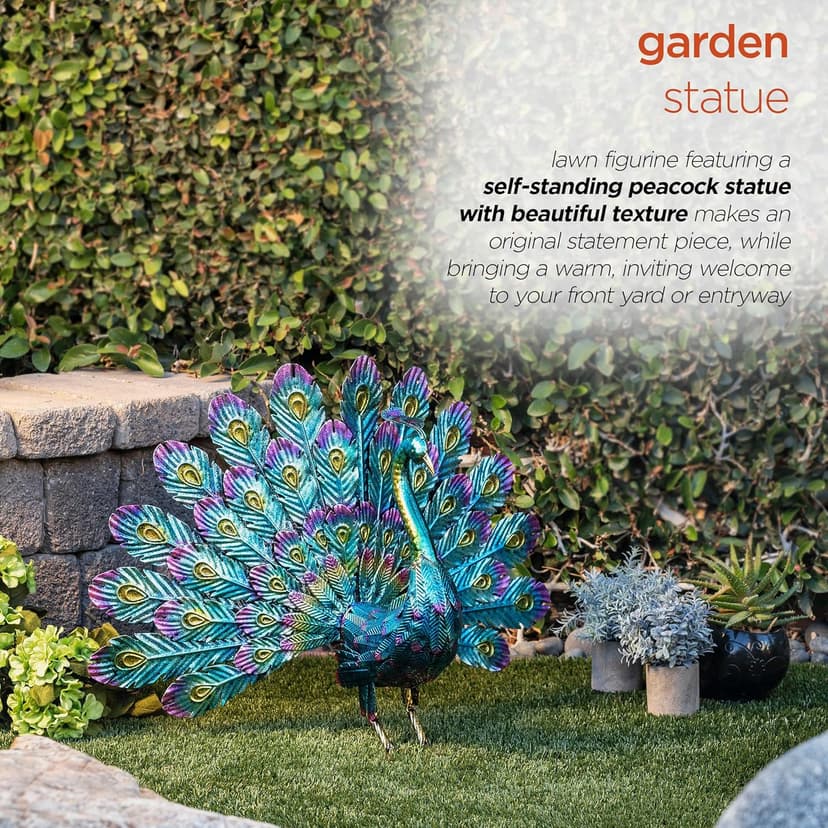 Alpine Corporation - 23" Tall Outdoor Metallic Peacock Tail Spread Yard Statue – Vibrant Garden Sculpture for Patio, Lawn, or Entryway (Multicolor)