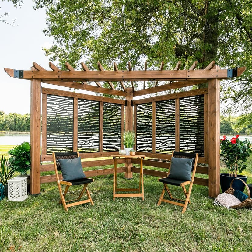 Backyard Discovery Verona 12' x 8' Cedar Wood Cabana Corner Pergola with Bamboo Privacy Panels for Outdoor Patio, Deck, Garden, Poolside, Entertaining