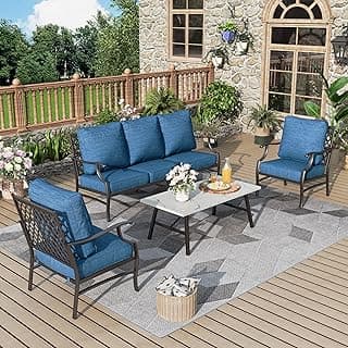Patio Furniture Set 4 pcs, Metal Outdoor Patio Furniture, 3-Seat Sofa, 2 Single Chairs, Coffee Table and 5.75" Extra Thick Cushion, Conversation Set for Backyard Deck, Gemstone Blue