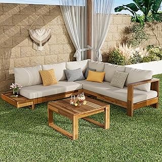 Christopher Knight Home Tenny 5-Seater Acacia Wood Patio Furniture Set, Outdoor Conversation Corner Sofa Set with Club Chair+Coffee Table, Patio Sectional Chat Set for Backyard/Balcony, Teak+Beige