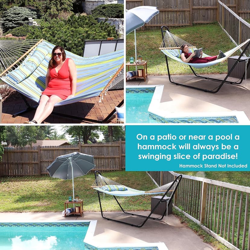 Sunnydaze Quilted Outdoor Hammock with Spreader Bars - Heavy-Duty 450-Pound Capacity Double Hammock for Outside - Blue and Green