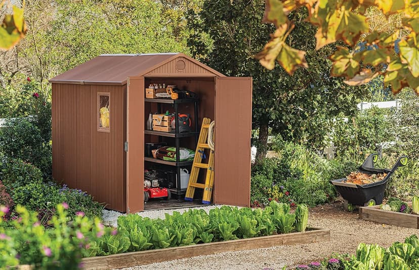 Keter Darwin 6x8 Resin Outdoor Storage Shed Kit-Perfect to Store Patio Furniture, Garden Tools Bike Accessories, Beach Chairs and Lawn Mower, Brown