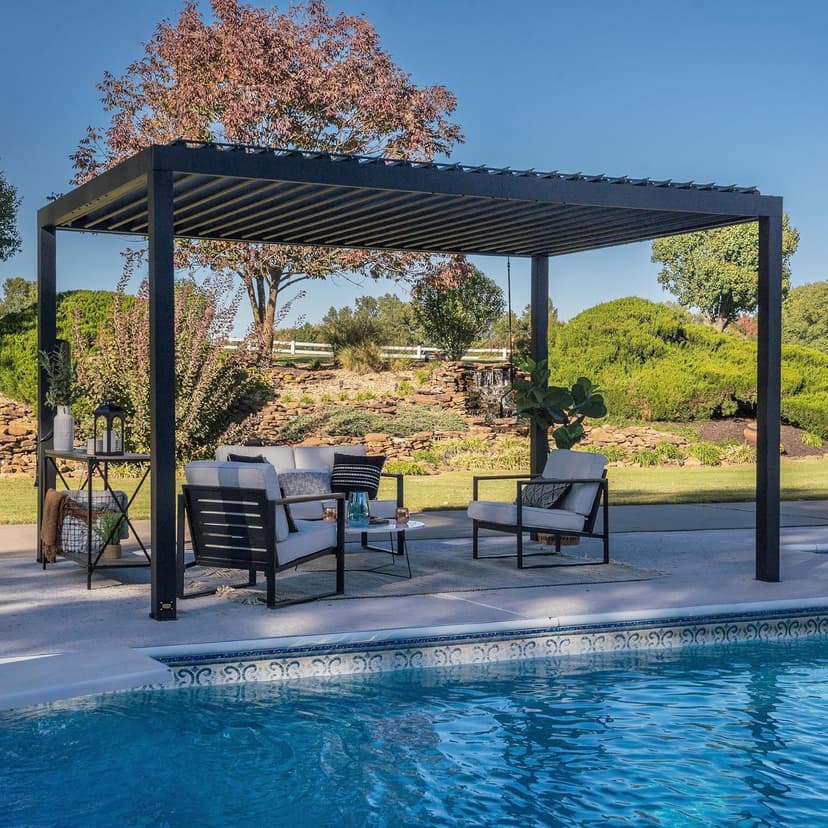 Backyard Discovery Sarasota 14' x 10' Galvanized Steel Louvered Pergola Kit with Adjustable Roof, Shade, Rain Protection, High-Wind Rating, Gutter System for Outdoor Patio, Garden, Deck, Entertaining