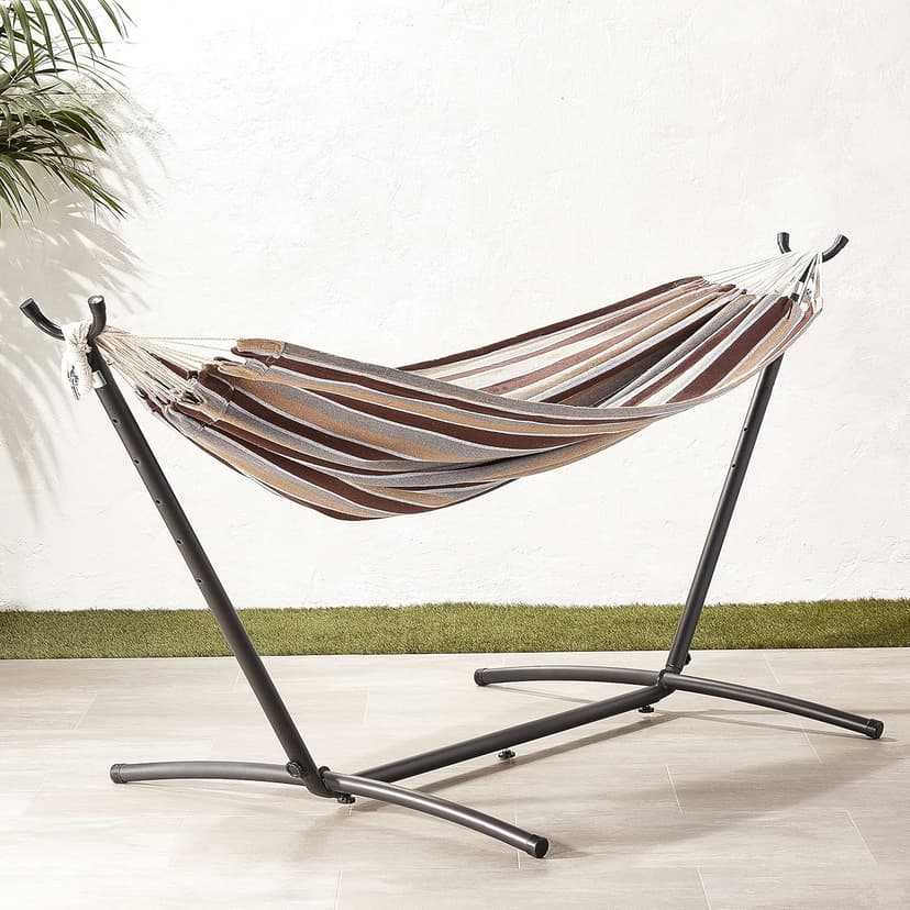 Amazon Basics Double Hammock with 9-Foot Space Saving Steel Stand and Carrying Case, 450 lb Capacity, Cream Wave, 110x47x43 inches