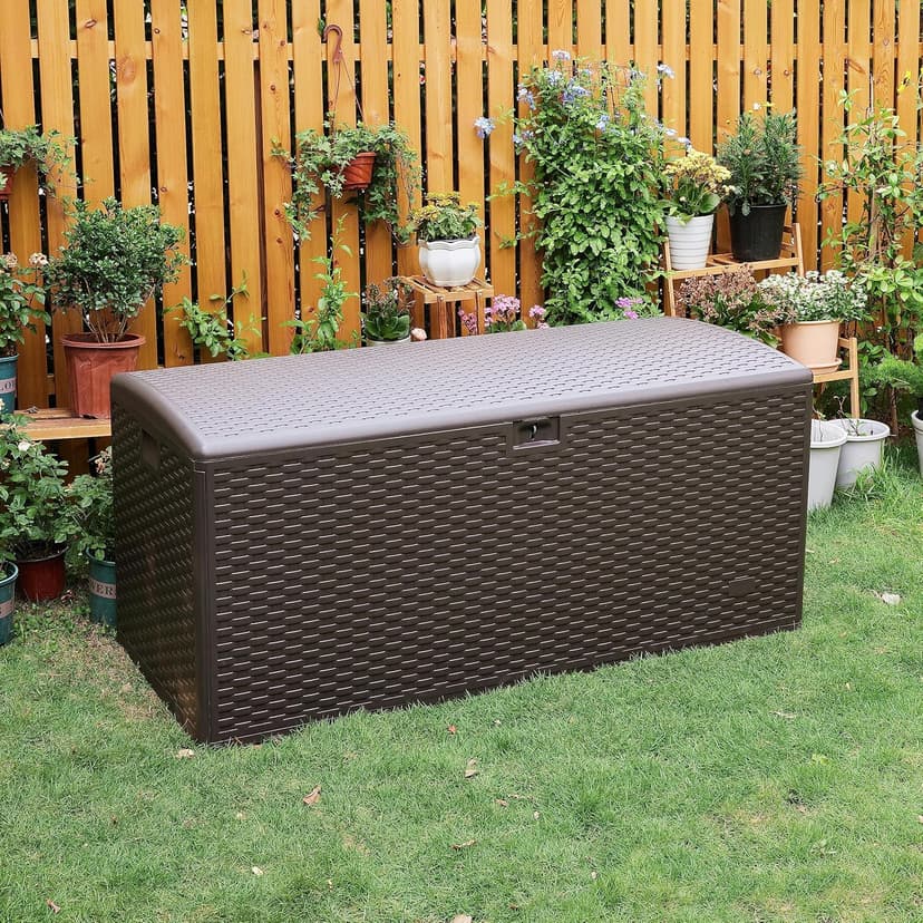 Amazon Basics Outdoor Patio Storage Box 150 Gallon Deck Box, Waterproof and Weather-resistant, Furniture Cushions Garden Tools, Brown
