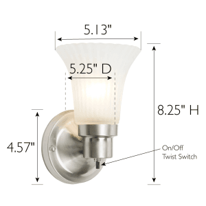 Design House 504977 The Village Traditional 1-Light Indoor Dimmable Wall Sconce with Frosted Flute Glass and Twist On/Off Switch for Bathroom Bedroom Hallway, Satin Nickel