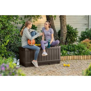 Keter Kentwood 92 Gallon Resin Deck Box-Organization and Storage for Patio Storage Box Outdoor Cushions, Throw Pillows, Garden Tools and Pool Floats, Brown