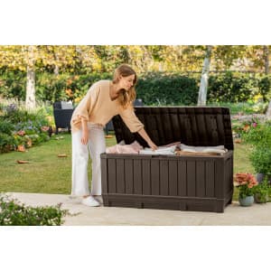 Keter Kentwood 92 Gallon Resin Deck Box-Organization and Storage for Patio Storage Box Outdoor Cushions, Throw Pillows, Garden Tools and Pool Floats, Brown