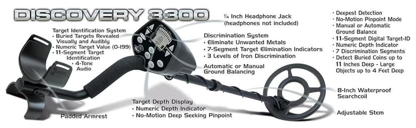 Bounty Hunter Discovery 3300 Metal Detector with Manual Ground Balance, Microprocessor Discrimination, Deep-Seeking Pinpoint, 5 Modes, 4-Tone Audio, 11-Segment Target ID