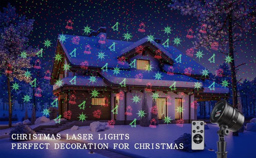 Christmas Laser Lights, Projector Lights Landscape Spotlight Red and Green Star Show with Christmas Decorative Patterns for Indoor Outdoor Garden Patio Wall