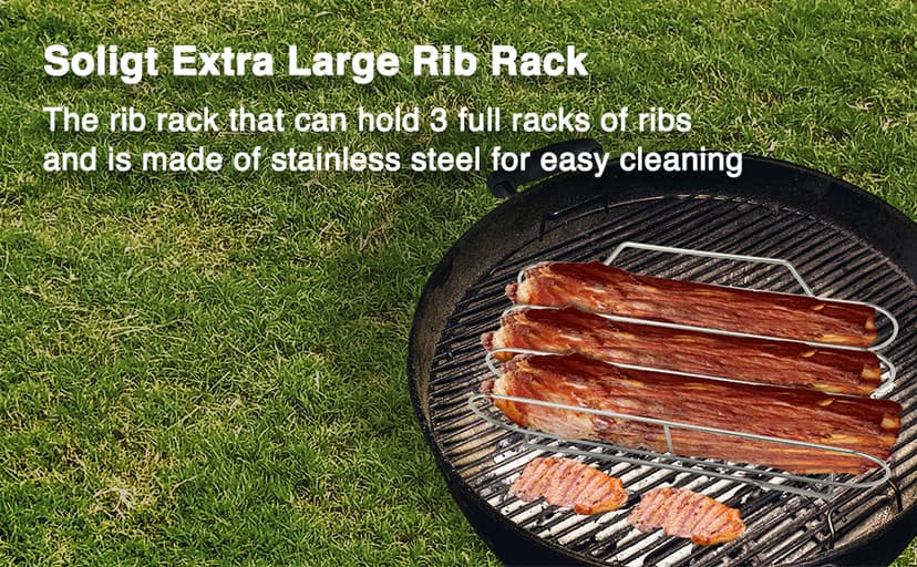 Extra Long Stainless Steel Rib Rack for Smoking and Grilling, Holds up to 3 Full Racks of Ribs, Fits 18” or Larger Gas Smoker or Charcoal Grill, Perfect Smoker Accessories Gifts for Men