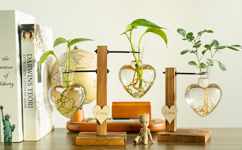 Kingbuy Hydroponic Glass Vase Vintage Desktop Plant Terrarium Planter Bulb Vase Water Planting Propagation Vase Planters Hydroponics Plants with Retro Wooden Stand Home Garden. (E(2 Heart Vase))