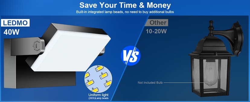 LEDMO LED Flood Lights Outdoor 60W - Rotatable 360 Adjustable Head Switch Control Exterior Lighting Fixture Wall Pack Commercial Security 5000K Waterporof Yard Wall Mount Garage Barn Yard Lights