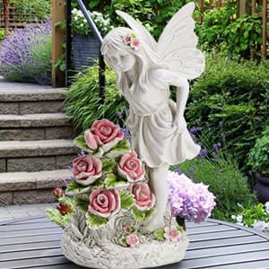 Garden Figurines Angel Garden Statue Outdoor Decor, Solar Powered Resin Sculpture with 5 LEDs Art Decoration for Patio Lawn Yard Porch, Ornament Housewarming Garden Gift, 12.8 x 7.5 x 6.1 Inch