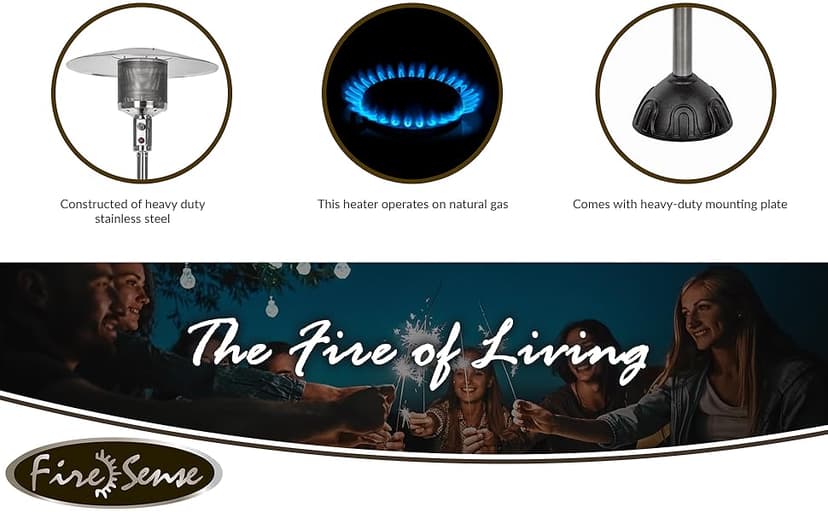 Fire Sense 61445 Natural Gas Patio Heater 45,000 BTU With Electric Ignition System For Residential - Stainless Steel