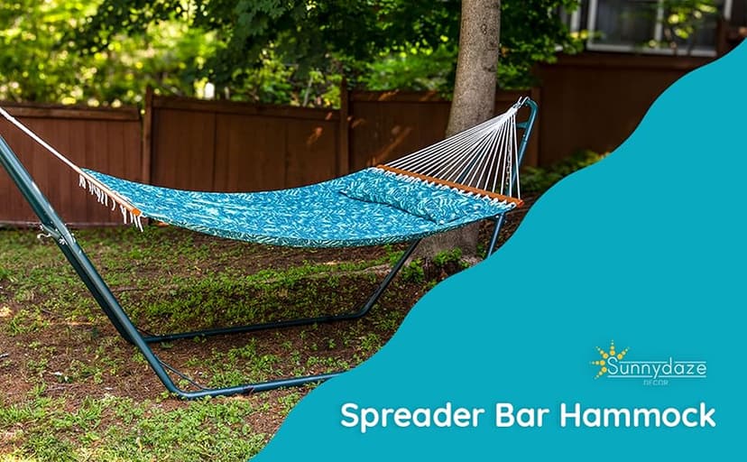 Sunnydaze Quilted Outdoor Hammock with Spreader Bars - Heavy-Duty 450-Pound Capacity Double Hammock for Outside - Cool Blue Tropics