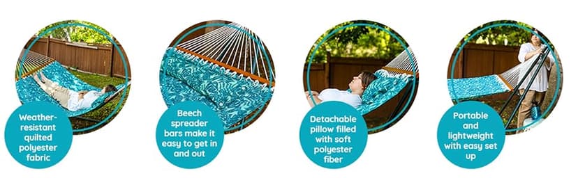 Sunnydaze Quilted Outdoor Hammock with Spreader Bars - Heavy-Duty 450-Pound Capacity Double Hammock for Outside - Cool Blue Tropics