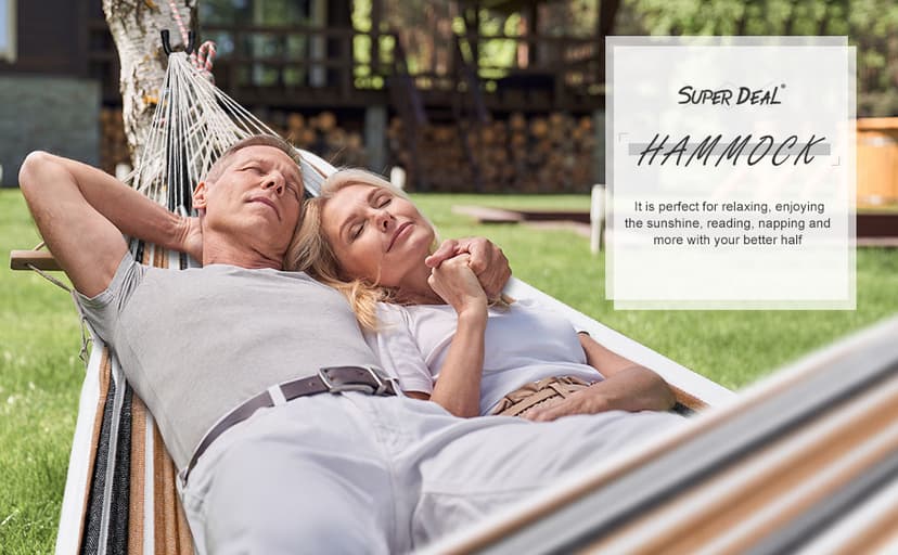 SUPER DEAL Portable 2 Person Hammock with 9FT Hammock Stand, 620 LBS Capacity Adjustable Hammock Bed with Space Saving Carrying Case Included for Camping Garden Backyard Patio Indoor Outdoor