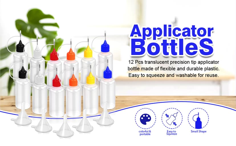 12pcs Precision Tip Applicator Bottles with 5 Mini Funnels, YGDZ 30ml Needle Tip Squeeze Glue Bottles for Paint Quilling Craft, 6 Colors