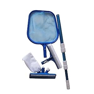 FibroPool Above Ground Swimming Pool Maintenance Kit - Telescoping Pole, Leaf Rake, Vacuum, Brush, Floating Chlorinator, Leaf Net and Test Strips