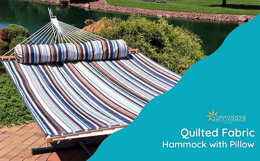 Sunnydaze Quilted Outdoor Hammock with Spreader Bars - Heavy-Duty 450-Pound Capacity Double Hammock for Outside - Ocean Isle