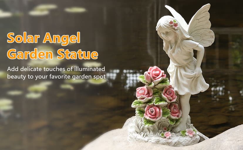 Garden Figurines Angel Garden Statue Outdoor Decor, Solar Powered Resin Sculpture with 5 LEDs Art Decoration for Patio Lawn Yard Porch, Ornament Housewarming Garden Gift, 12.8 x 7.5 x 6.1 Inch