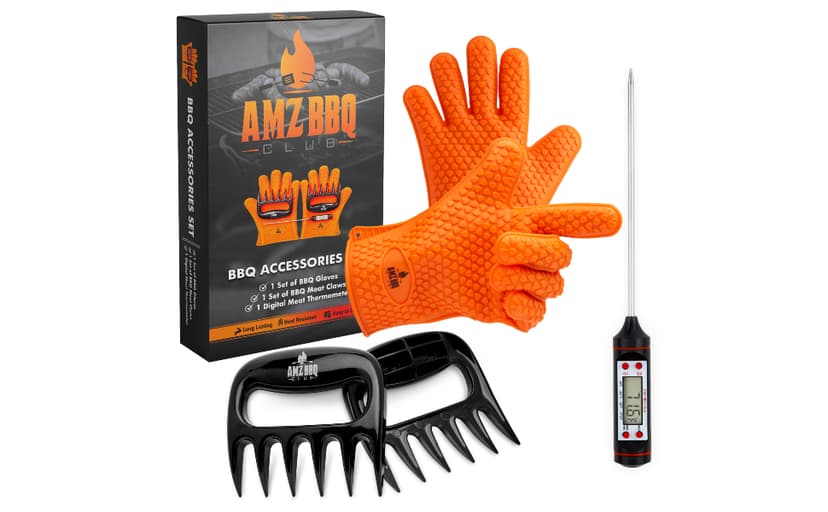 Meat Claws Bbq Grill Accessories Set - 2 Silicone Gloves, Claws For Pulled Pork, BBQ Thermometer - Perfect Smoker Accessories Grilling Tools Gift Set For (Orange Glove-Thermometer-Claw)