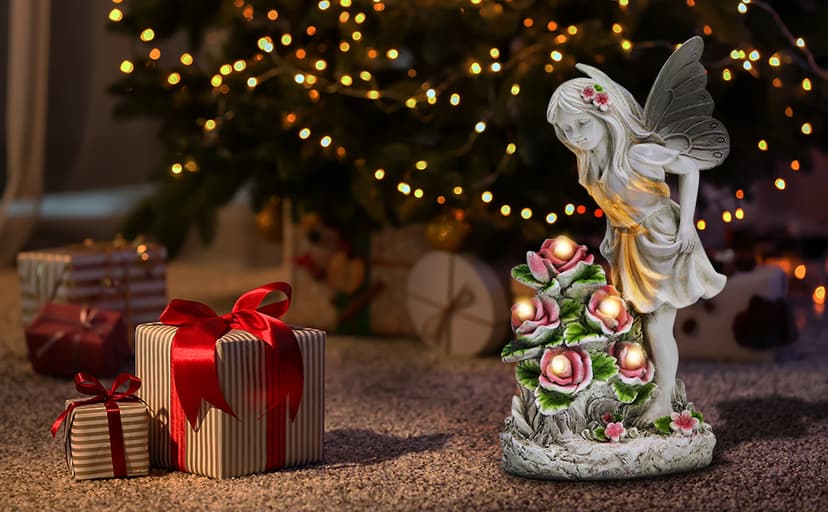 Garden Figurines Angel Garden Statue Outdoor Decor, Solar Powered Resin Sculpture with 5 LEDs Art Decoration for Patio Lawn Yard Porch, Ornament Housewarming Garden Gift, 12.8 x 7.5 x 6.1 Inch