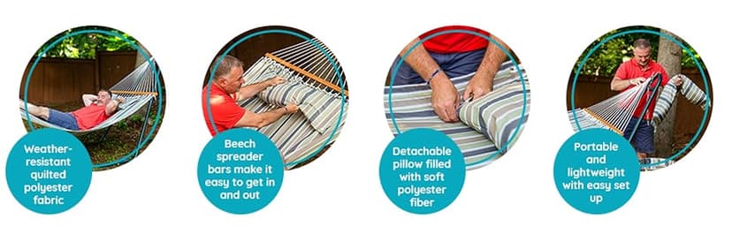 Sunnydaze Quilted Outdoor Hammock with Spreader Bars - Heavy-Duty 450-Pound Capacity Double Hammock for Outside - Khaki Stripe