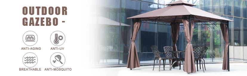 10'x10' Outdoor Patio Gazebo Heavy Duty Steel Frame Canopy with Double Roof, Privacy Curtains, for Garden, Backyard, and Lawn (Brown)