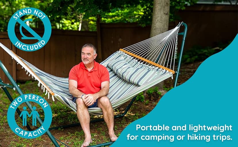 Sunnydaze Quilted Outdoor Hammock with Spreader Bars - Heavy-Duty 450-Pound Capacity Double Hammock for Outside - Khaki Stripe