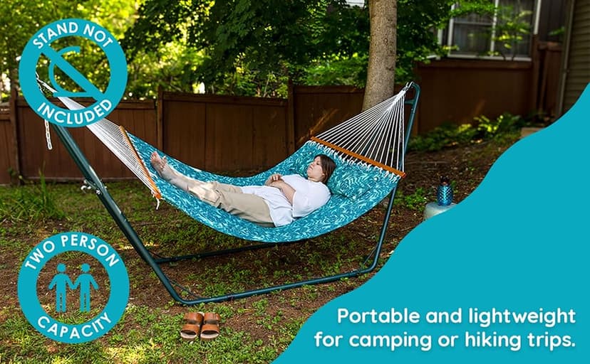 Sunnydaze Quilted Outdoor Hammock with Spreader Bars - Heavy-Duty 450-Pound Capacity Double Hammock for Outside - Cool Blue Tropics
