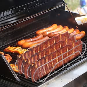 Extra Long Stainless Steel Rib Rack for Smoking and Grilling, Holds up to 3 Full Racks of Ribs, Fits 18” or Larger Gas Smoker or Charcoal Grill, Perfect Smoker Accessories Gifts for Men