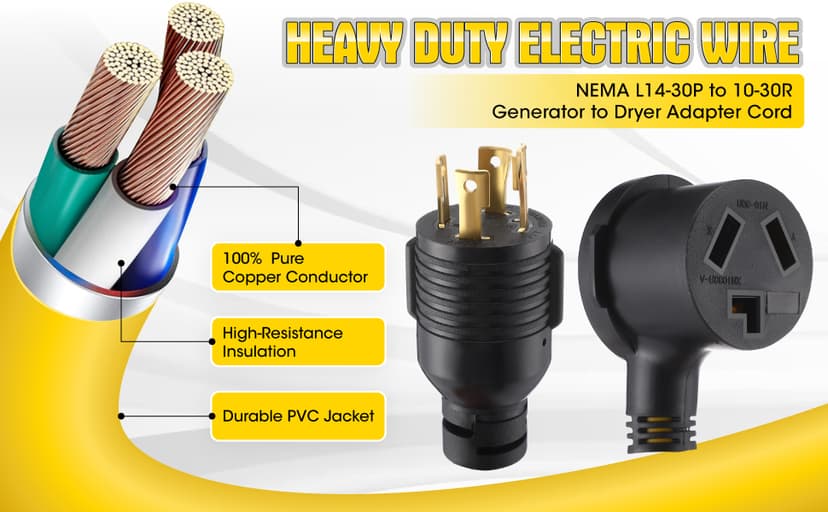 Generator to Dryer Adapter Cord NEMA L14-30P to 10-30R 30 Amp, ETL Listed, 4 Prong Locking Generator Male to 3 Prong Dryer Female for EV, 10 AWG STW, 1FT
