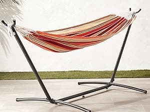 Amazon Basics Double Hammock with 9-Foot Space Saving Steel Stand and Carrying Case, 450 lb Capacity, Cream Wave, 110x47x43 inches